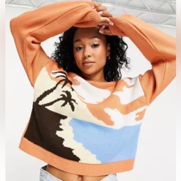 ASOS DESIGN tropical orange, blue, black and white Crewneck sweater SZ 8 - Picture 3 of 10